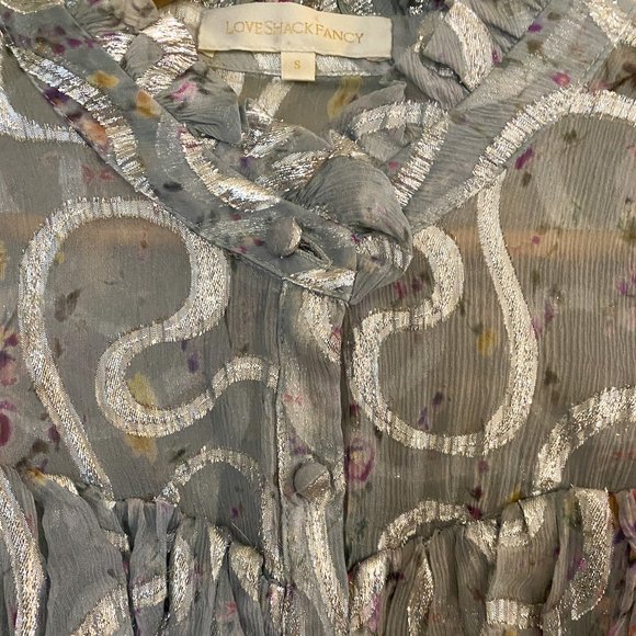 LoveShackFancy Erica Metallic Ruffled Silk Top in Silver Lake Blue Size Small - Picture 7 of 14